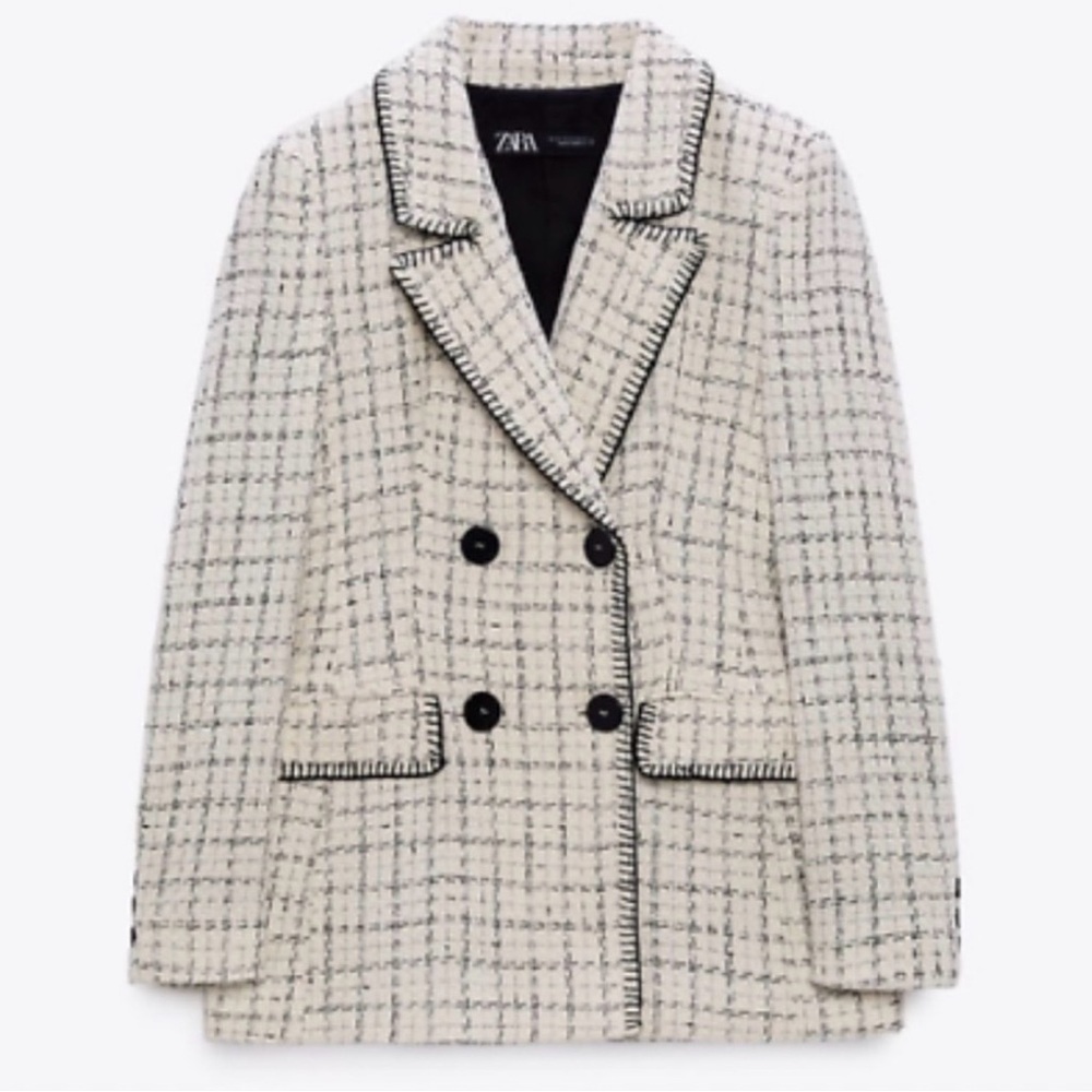 ZARA Tweed Blazer Double Breasted 8274 Contrast Stitch Jacket Black White Medium